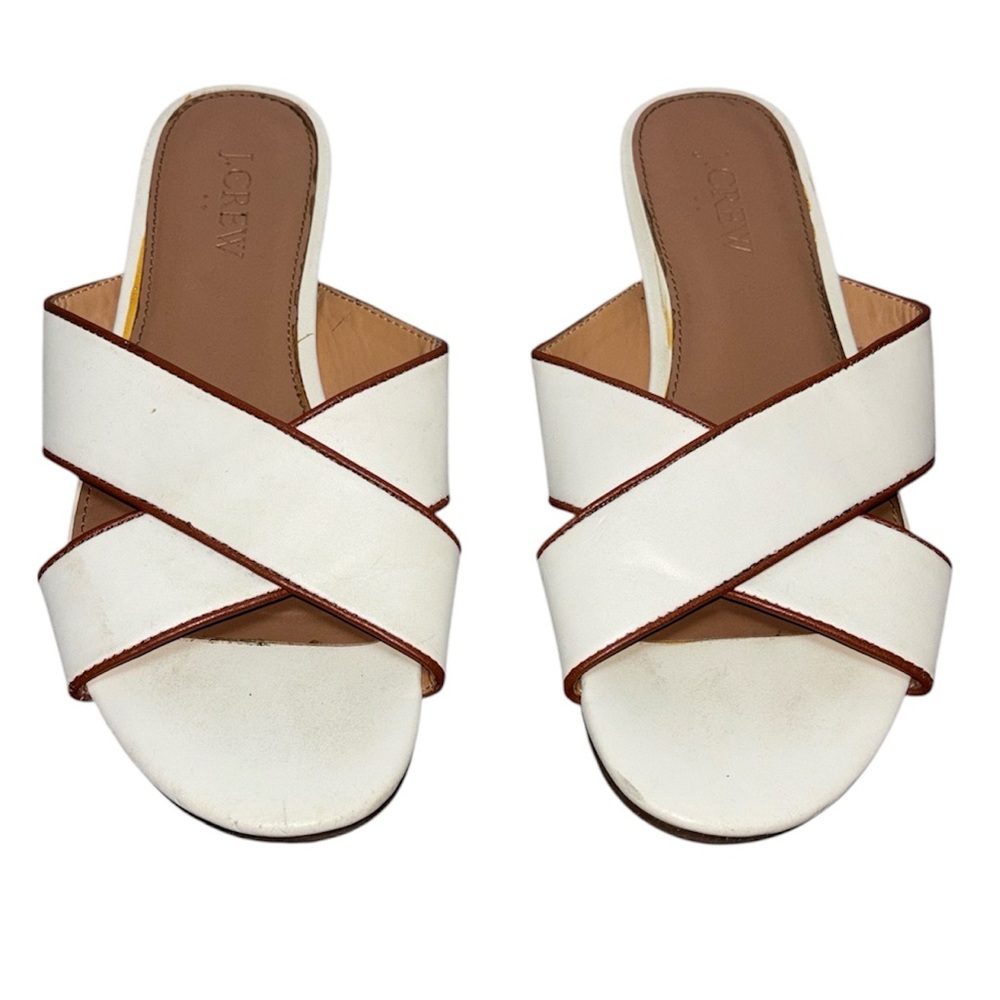 J.Crew White Leather Crisscross Slide Mules with Brown Trim size 6